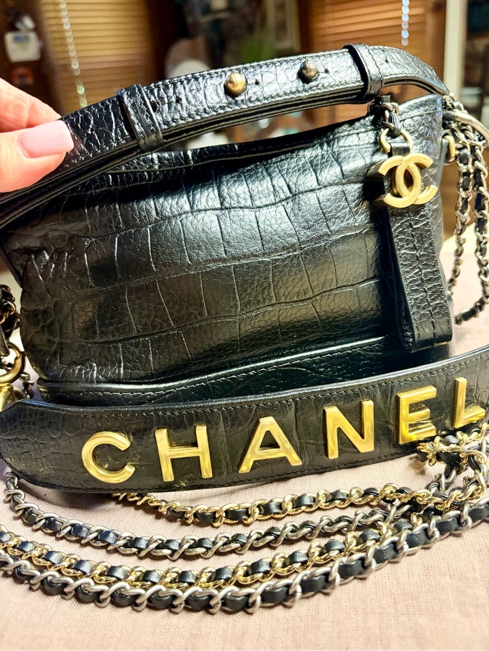 Chanel Gabrielle Crocodile Embossed calfskin Shoulder Bag with Gold Hardware